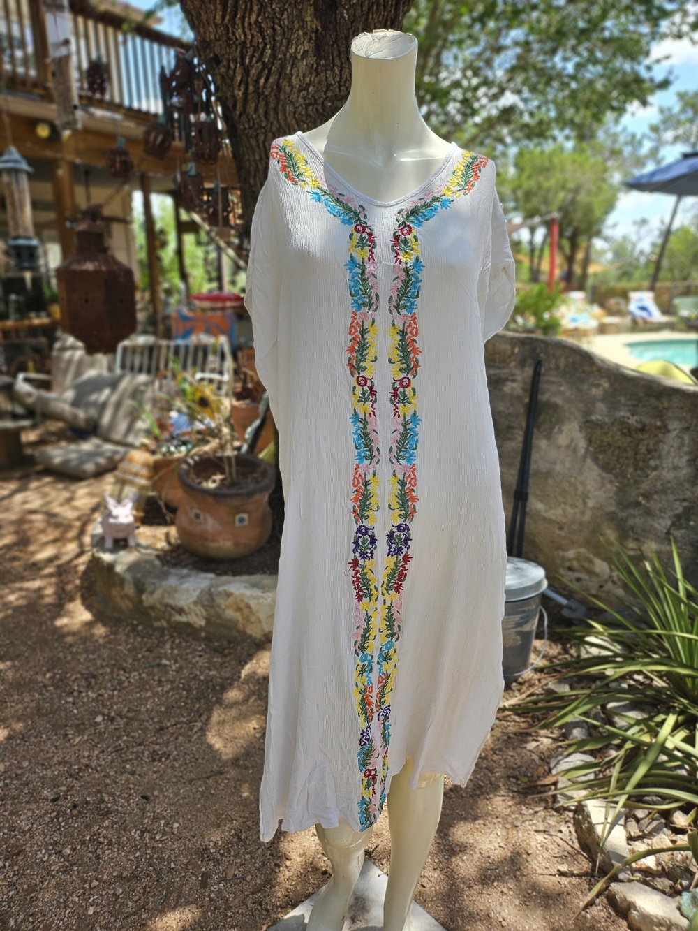 Women's White Embroidered Swim Cover-Up with Multi-Color Trim One Size
